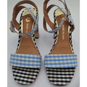 River Island Lt & Dk Blue Gingham Strappy Sandal 4 inch Heels Womens Sz 7 *EUC*
